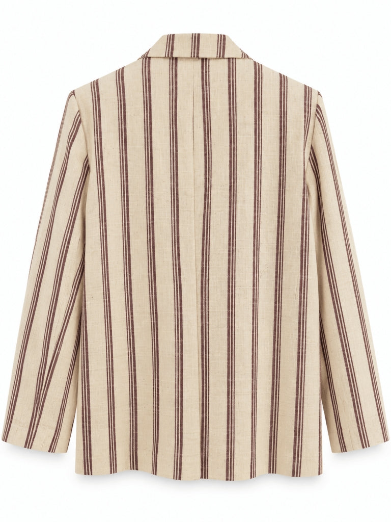 Taş Bordo Çizgili Keten Blazer Ceket 9424-Bordo