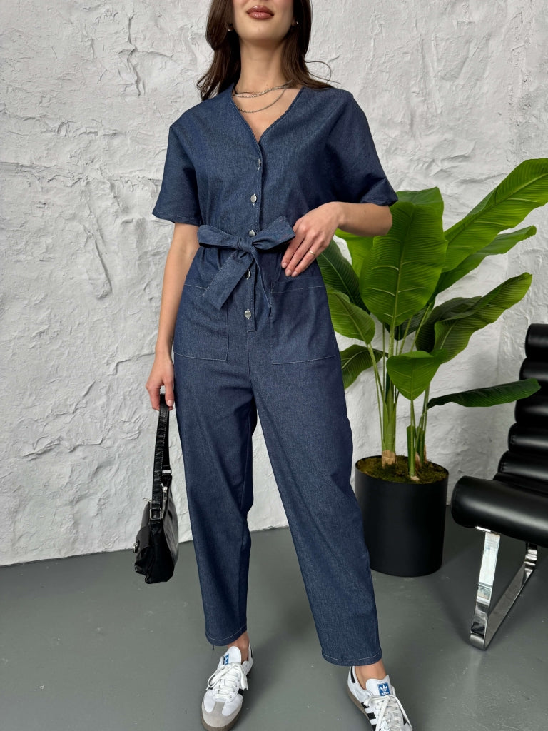 İnce Denim Bel Lastikli Tulum
