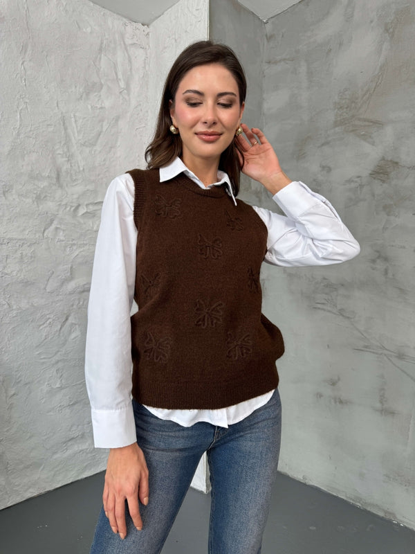 Acı Kahve Serpme Fiyonk Detaylı Süveter EY2440-Acı Kahve