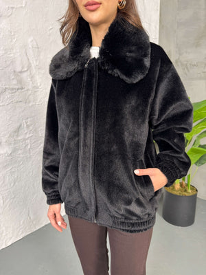 Premium Siyah İthal Kumaş Kürk Mont 70099-Siyah