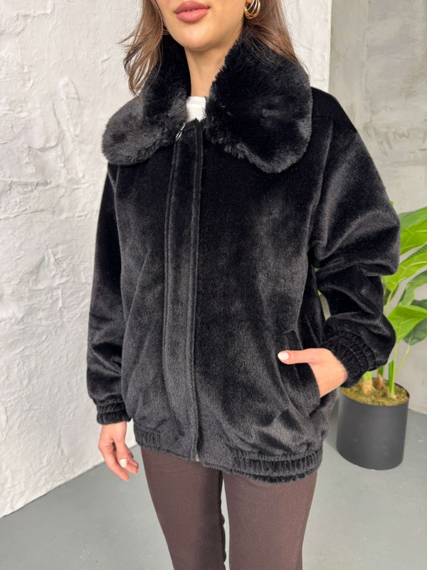 Premium Siyah İthal Kumaş Kürk Mont 70099-Siyah