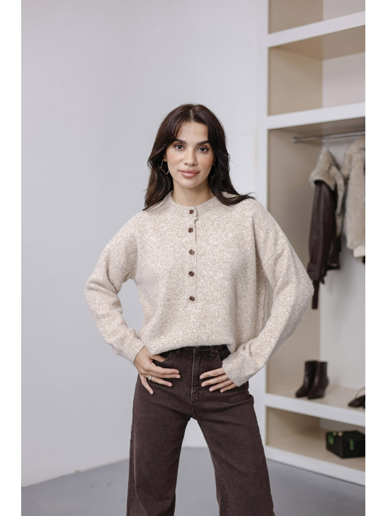 Vizon Yarım Düğmeli Triko Kazak 2464-Vizon