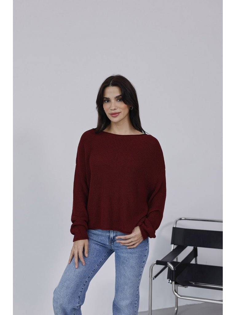 Dilvin Bordo Kayık Yaka Merserize Kazak 10804-Bordo