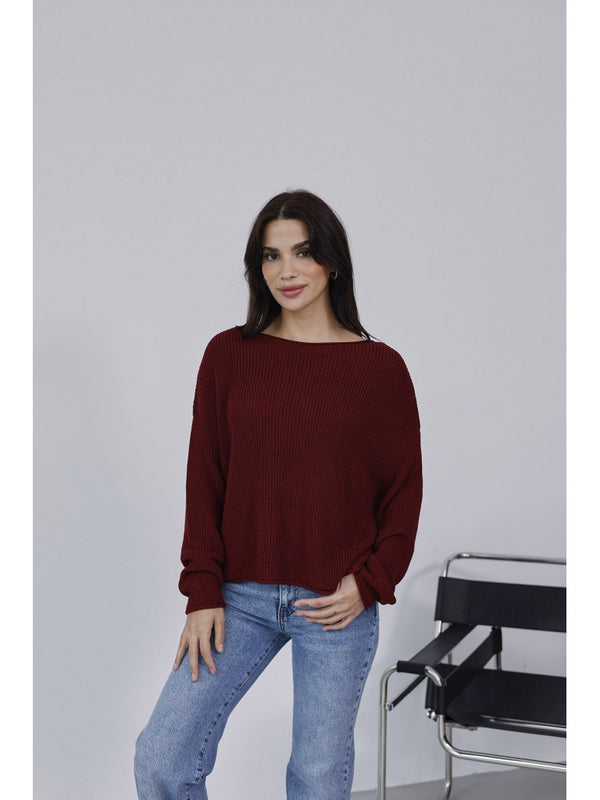 Dilvin Bordo Kayık Yaka Merserize Kazak 10804-Bordo