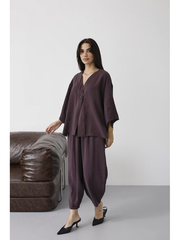 Mürdüm Tek Düğmeli Bluz Pantolon Takım 51189-Mürdüm
