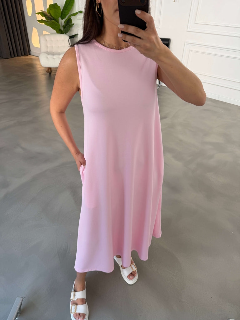 Pembe Bisiklet Yaka Maxi Modal Elbise 4142-Pembe