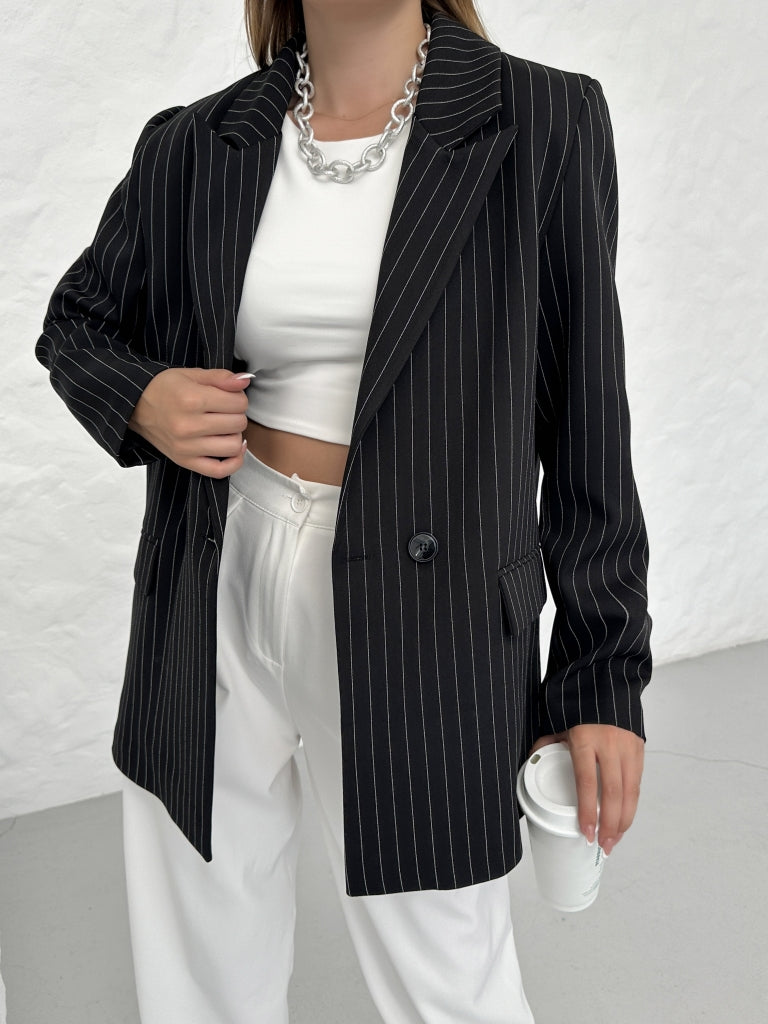 Siyah Çizgili Oversize Blazer Ceket