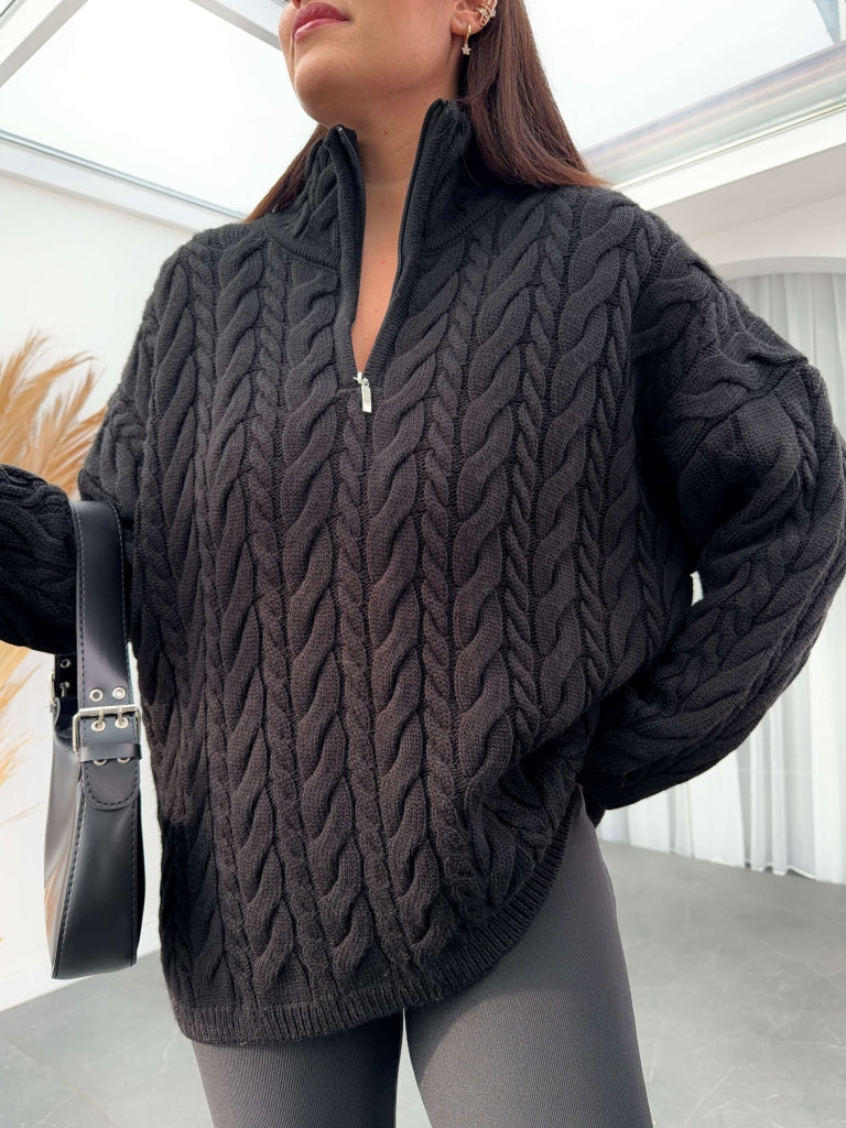 Siyah Saç Örgülü Fermuarlı Kazak 2394-Siyah