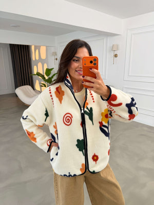 Sarı Çiçekli Ön Fermuarlı Peluş Sweat 22889-Sarı