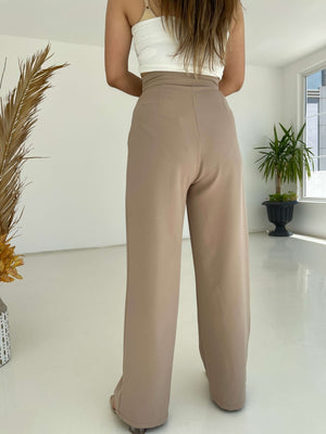 Camel Beli Pileli Tasarım Pantolon