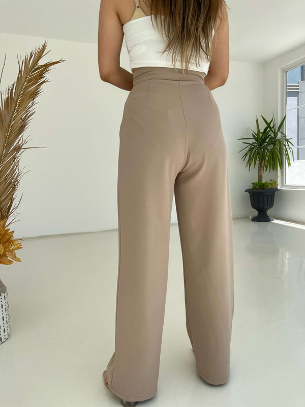 Camel Beli Pileli Tasarım Pantolon