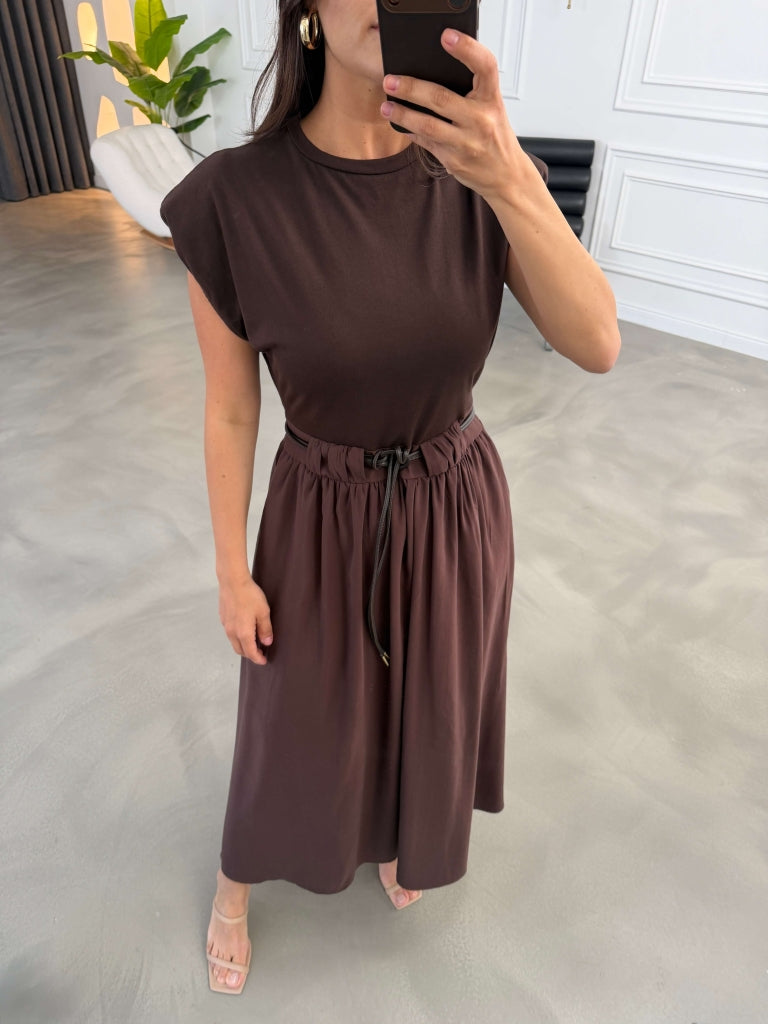 Kahve Vatkalı Deri Kemerli Elbise 580986-Kahve