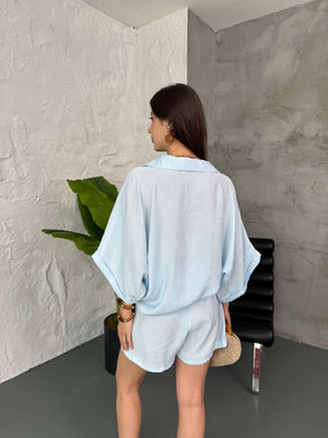 Bebe Mavi Hasır Kemerli Şortlu Tencel Takım