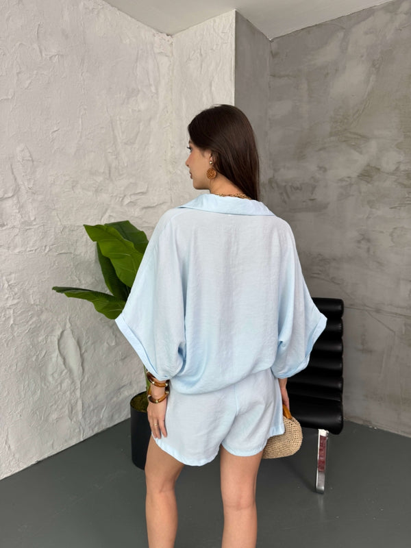 Bebe Mavi Hasır Kemerli Şortlu Tencel Takım