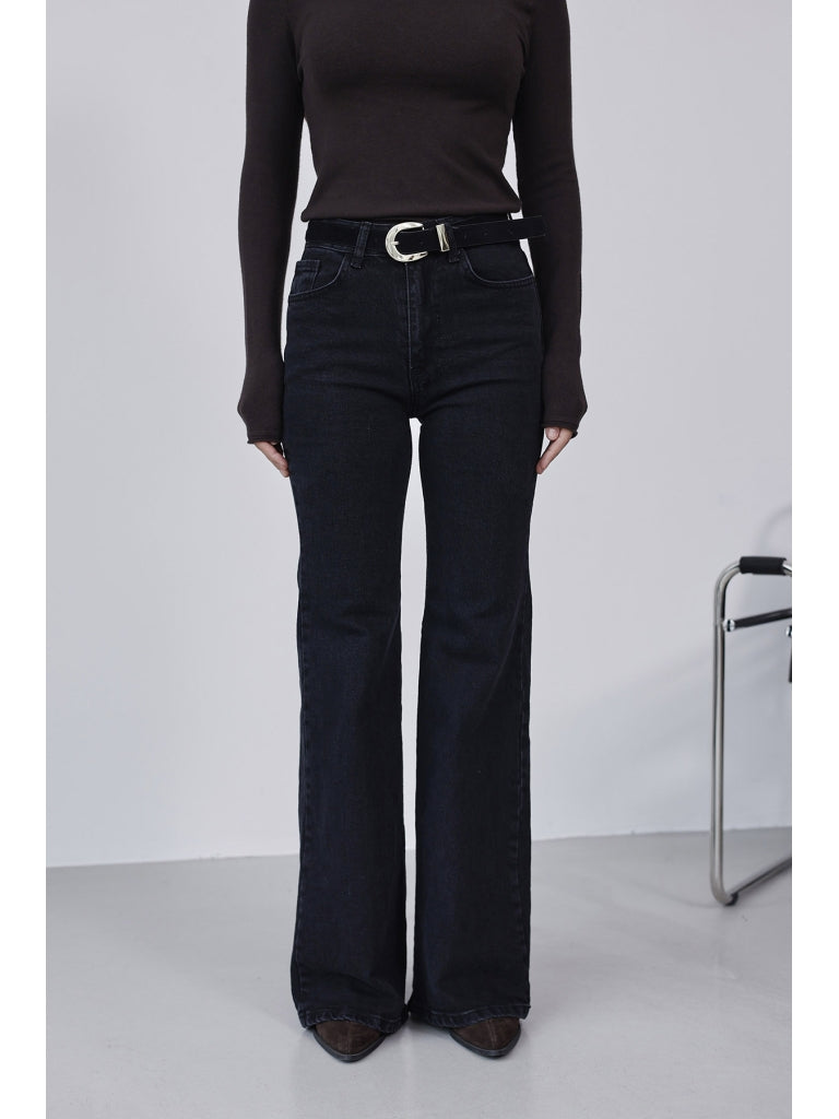 Siyah Süet Kemerli İspanyol Paça Jean 0798-Siyah