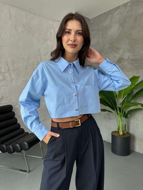 Bebe Mavi Cep Detaylı Kısa Gömlek
