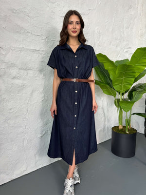 Mavi Boydan Düğmeli İnce Denim Elbise