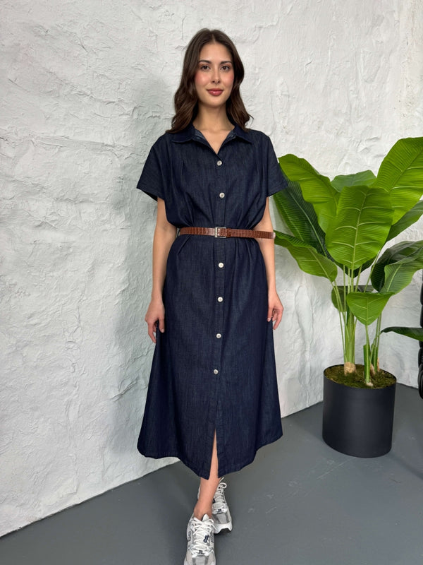 Mavi Boydan Düğmeli İnce Denim Elbise