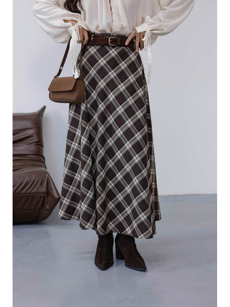 Kahverengi Süet Kemerli Ekose Etek 58461-Kahve