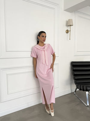 Pembe Fular Detaylı Modal Elbise 1877-Pembe