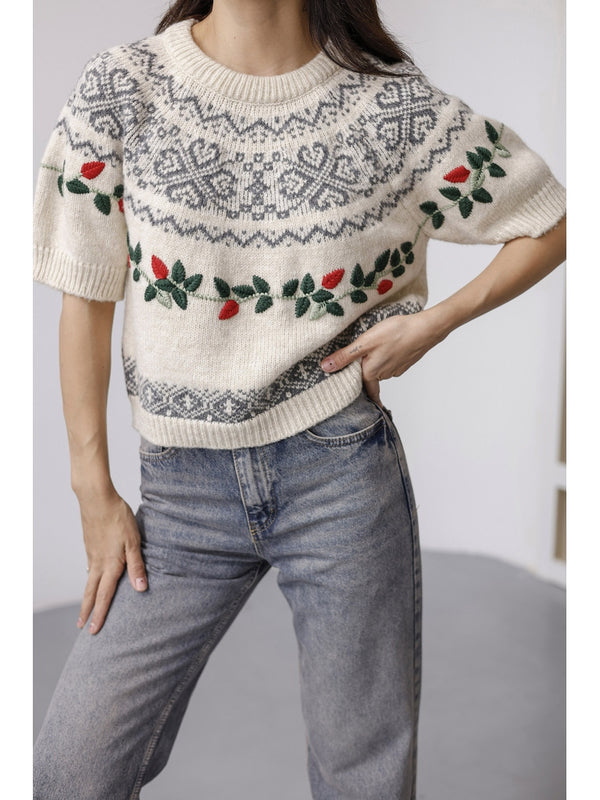 Ekru Nakış İşlemeli Triko Kazak 2616-Ekru