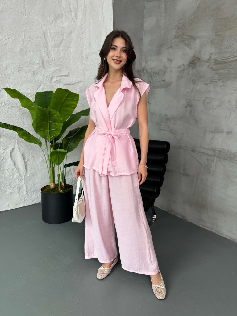 Pembe Tencel Yelek Pantolon Takım