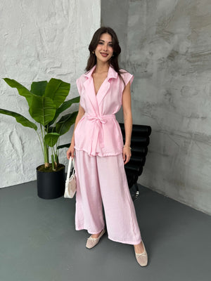 Pembe Tencel Yelek Pantolon Takım