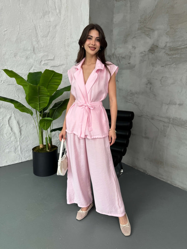 Pembe Tencel Yelek Pantolon Takım