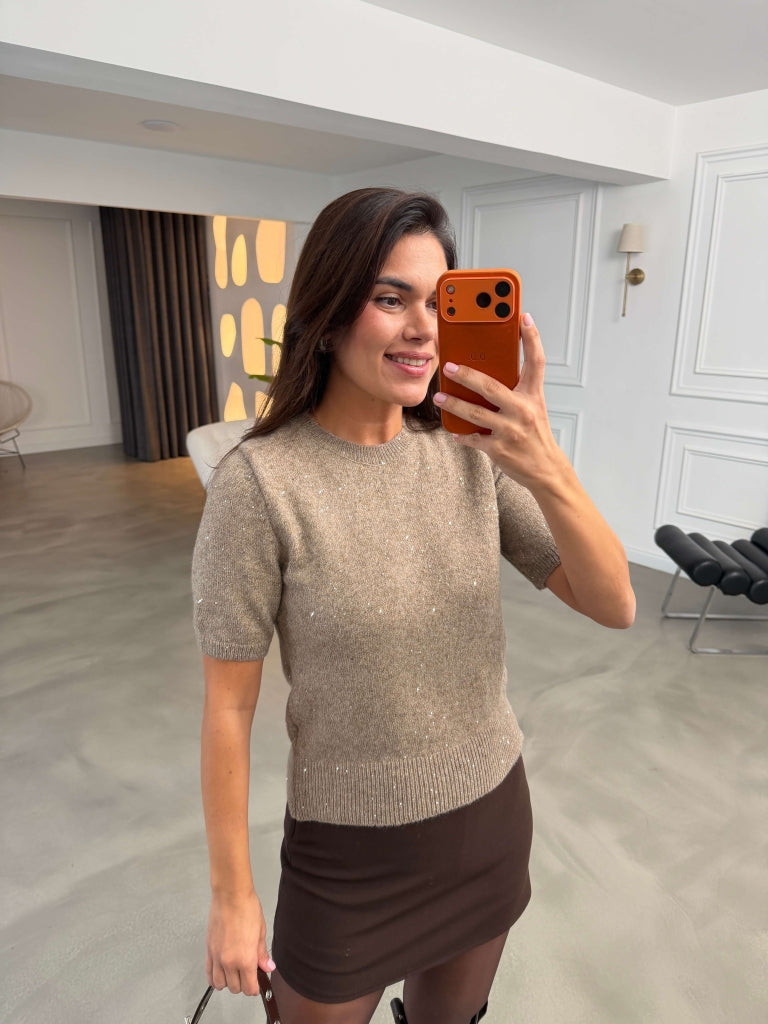 Vizon Kısa Kollu Pullu Triko Bluz 2944-Vizon