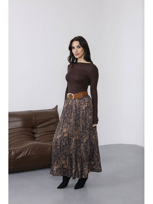 Kahve Kemer Detaylı Piliseli Etek 3375-KAHVE