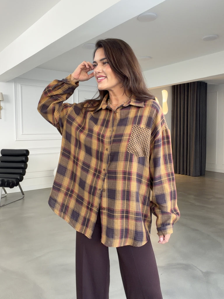Hardal Ekoseli Cepli Oversize Gömlek 5163-Hardal