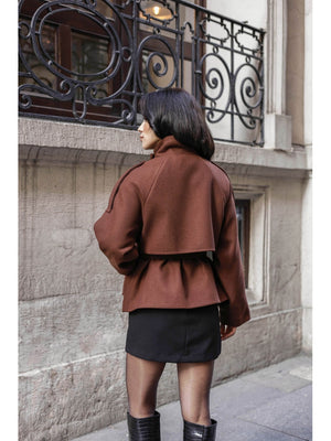 Kahve Dik Yaka Kısa Kaşe Kaban 70119-KAHVE