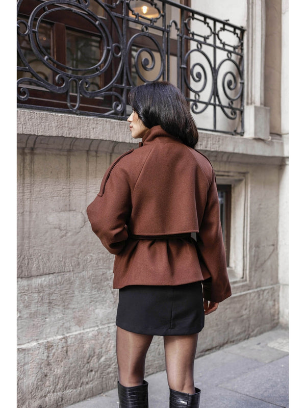 Kahve Dik Yaka Kısa Kaşe Kaban 70119-KAHVE