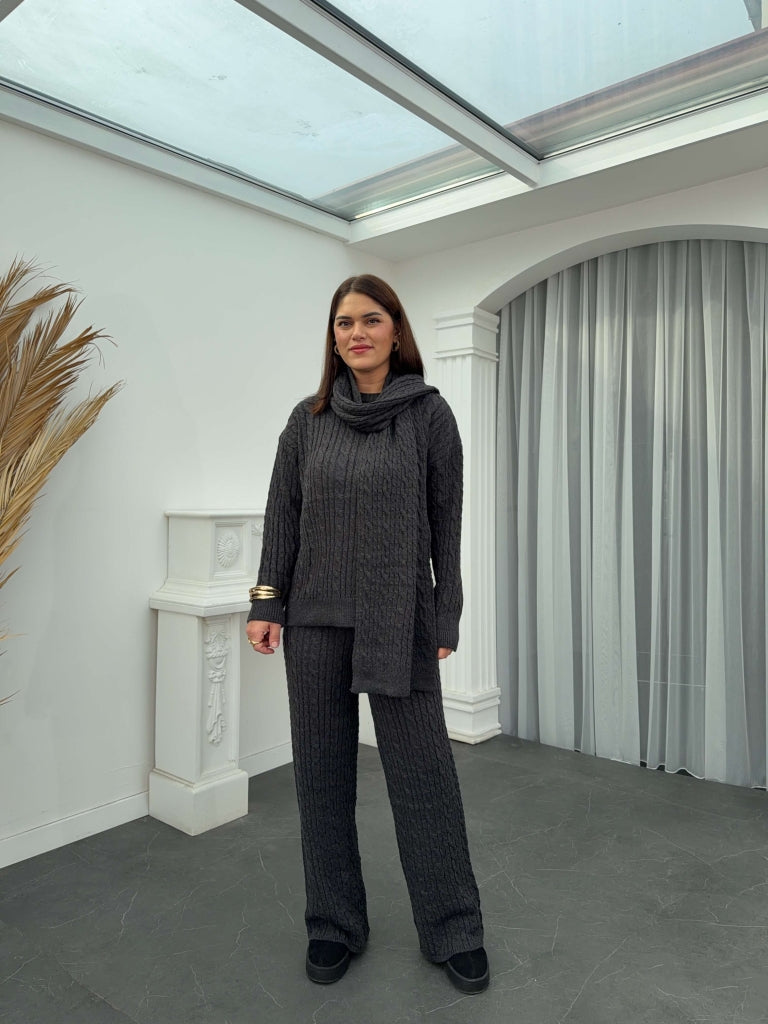 Antrasit Saç Örgülü Atkılı Takım 2493-Antrasit