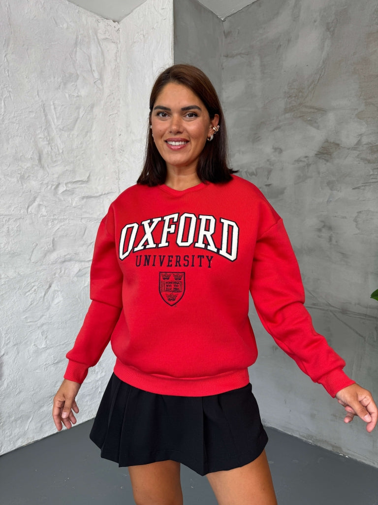Kırmızı Oxford Nakışlı Bisiklet Yaka Sweat