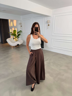 Kahverengi Beli Pilili Tencel Pantolon 51204-Kahverengi