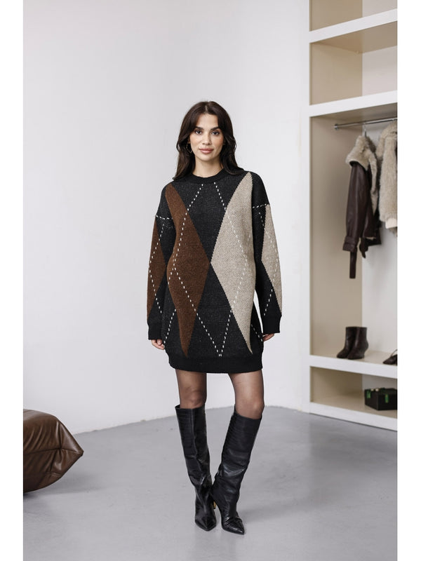 Siyah Baklava Desen Triko Elbise EY2610-Siyah