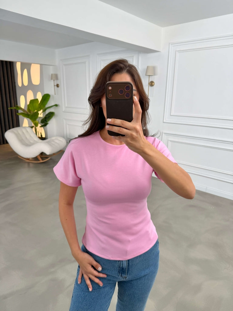 Pembe Sırtı Dekolteli Tshirt 4275-Pembe