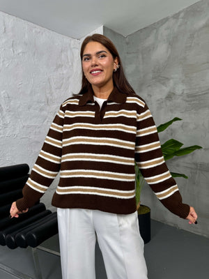 Kahverengi Çizgili Polo Yaka Kazak 2541-Kahverengi