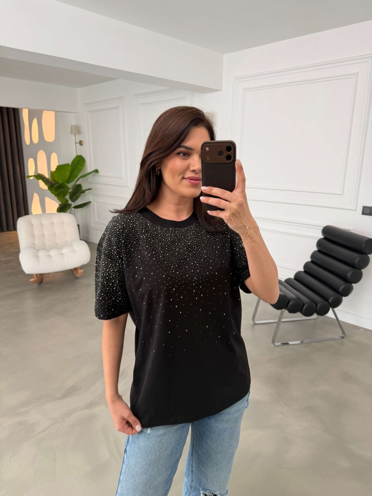 Siyah Taş Baskılı Bisiklet Yaka Tshirt 6532-Siyah