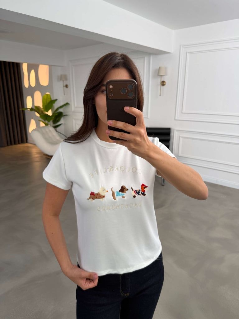 Ekru Figür Nakışlı Tshirt 6997-Ekru