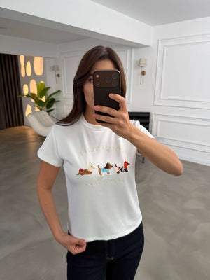 Ekru Figür Nakışlı Tshirt 6997-Ekru