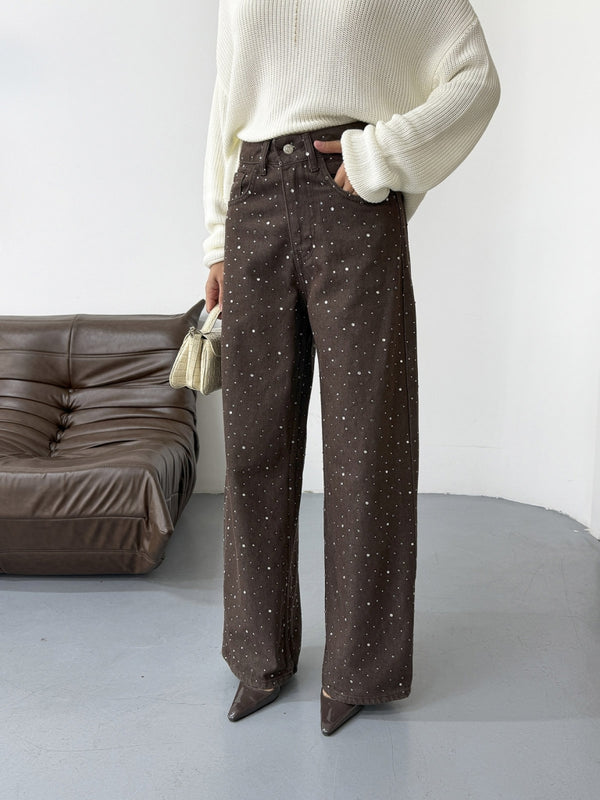 Koyu Kahve Taş Detaylı Palazzo Jean 0027-KOYU KAHVE