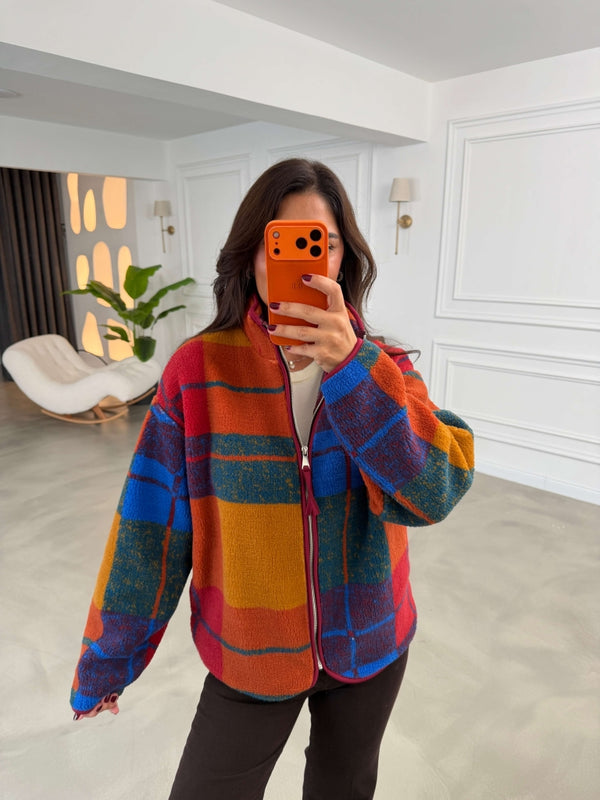 Bordo Ön Fermuarlı Peluş Sweat 22889-Bordo