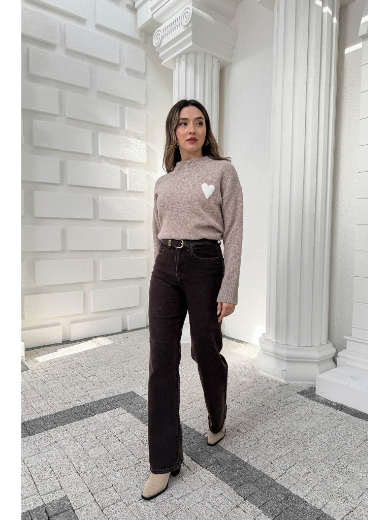 Kahverengi Yüksek Bel Straight Paça Kemerli Jean 700-Kahverengi