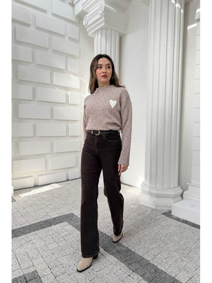 Kahverengi Yüksek Bel Straight Paça Kemerli Jean 700-Kahverengi