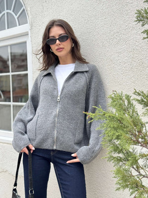 Gri  Polo Yaka Fermuarlı Hırka 2381-Gri