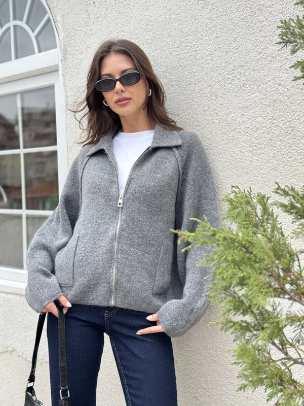 Gri  Polo Yaka Fermuarlı Hırka 2381-Gri