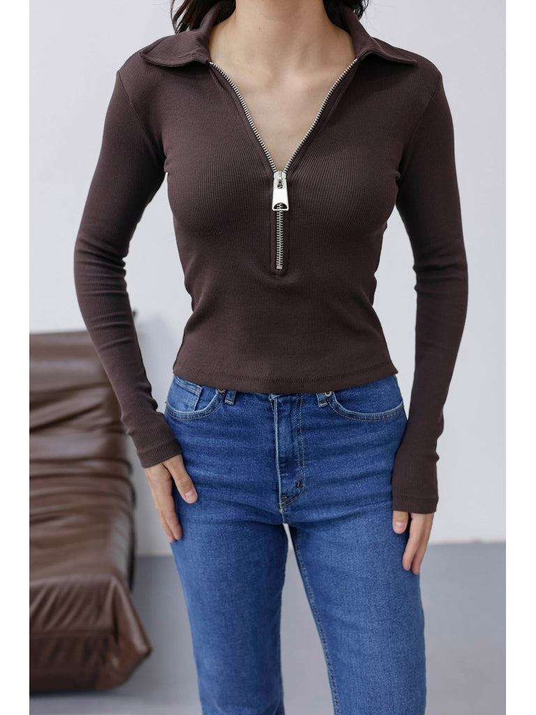 Kahverengi Yakası Fermuarlı Vatkalı Bluz 30412-Kahverengi