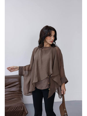 Kahve Tencel Pelerin Bluz 5026-KAHVE
